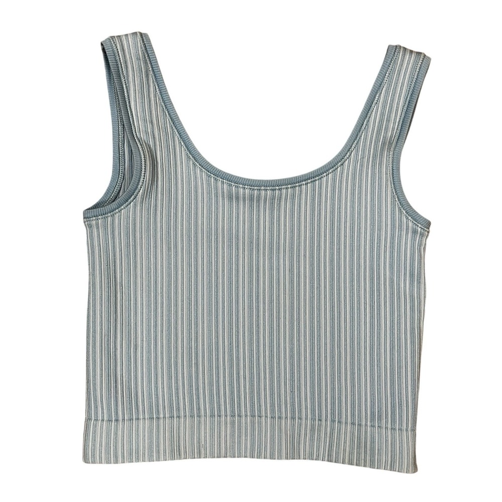 Athleta Girl Ribbed Striped Crop Tank Top S Light Blue White Seamless Kids